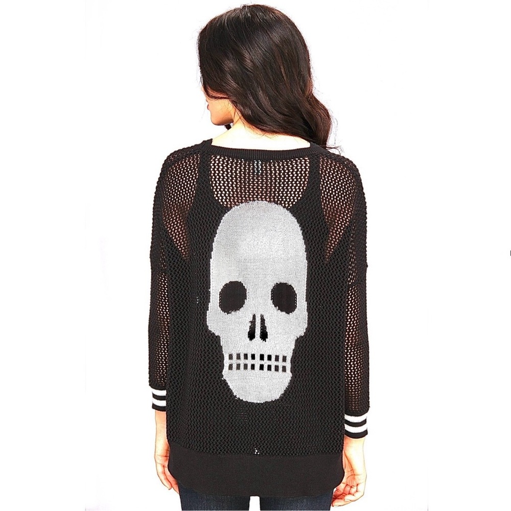 Cotton by Autumn Cashmere Sweater Skull Mesh Crochet Open Knit Top Black White S